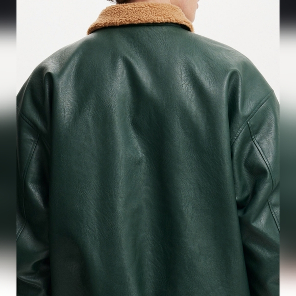 Men's Dark Green Cotton On Leather Jacket - Picture 3 of 14